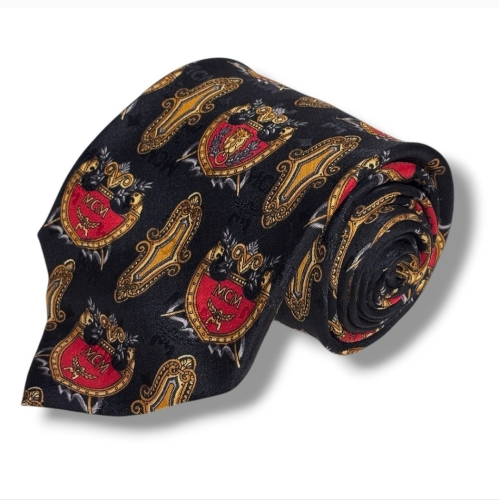 MCM Red & Black Silk Tie Gold Shield & Logo VINTAGE